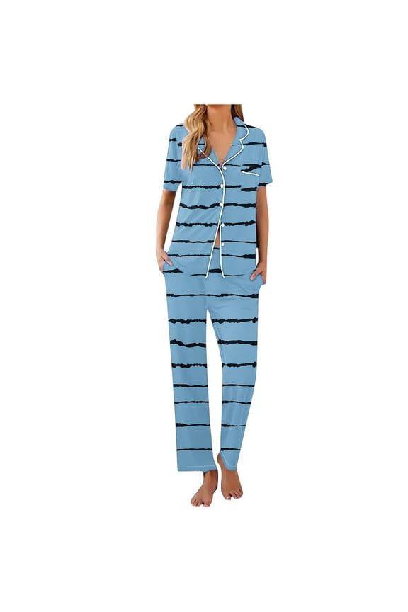 Women Stripe Print Thin Short Sleeve Lapel Top and Long Pants Sleepwear Set Fashion Coordinates Comfortable Loungewear Button Front Pajama Matching Blue XL