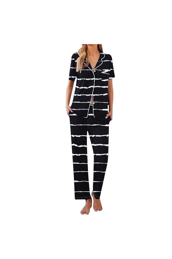 Women Stripe Print Thin Short Sleeve Lapel Top and Long Pants Sleepwear Set Fashion Coordinates Comfortable Loungewear Button Front Pajama Matching Black L