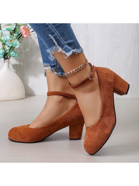 Women Suede Mary Jane Shoes, Round Toe Block Heel Charm Pendant Pumps, Adjustable Buckle Strap Dress Casual Footwear, Comfortable Spring Summer Zapatos de Mujer