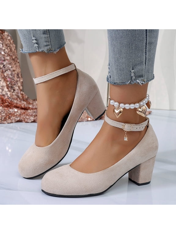 Women Suede Mary Jane Shoes, Round Toe Block Heel Charm Pendant Pumps, Adjustable Buckle Strap Dress Casual Footwear, Comfortable Spring Summer Zapatos de Mujer