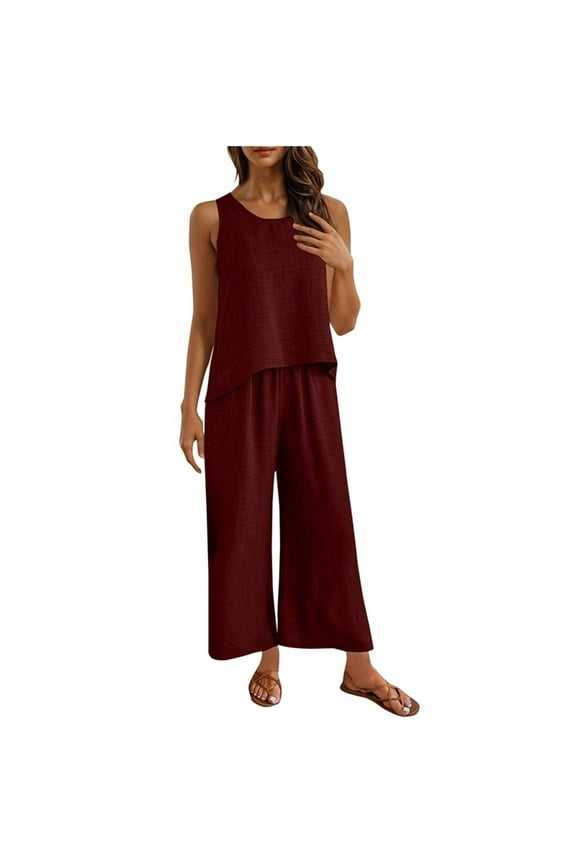 Women V Neck Loose Solid Color T shirt and Lace Up Wide Leg Pants Home Wear Two Piece Pajama Sets Comfortable Loungewear Sleepwear Coordinates Matching Separates Wine XL