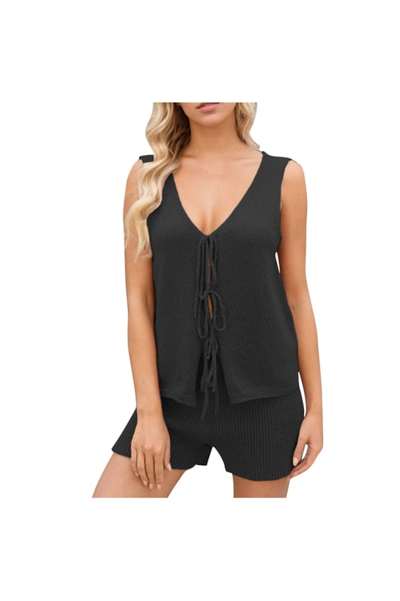 Women V Neck Sleeveless Lactation Tank Top and Elastic Waist Shorts Knit Suit Nursing Friendly Comfortable Coordinates Maternity Wear Casual Set Black L