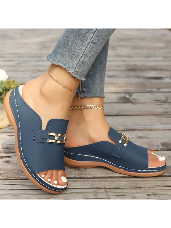 Women Wedge Sandals, Peep Toe Slide, Gold Chain Thick Sole Walking, Comfortable Ladies Shoes Sandalias Cuña Mujer
