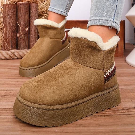 Caywon Women Winter Ankle Boots Round Toe Flat Chunky Sole Plush Fleece Lined Embroidered Back Detail Slip On Warm Cozy Snow Booties Botas de Nieve para Mujer
