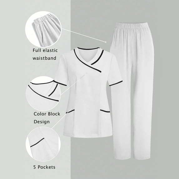 Caywon Women's 2-Piece Scrub Set V-Neck Contrast Trim Top Straight Leg Pants with Pockets Stretch Workwear for Clinic, Hospital & Caregiver