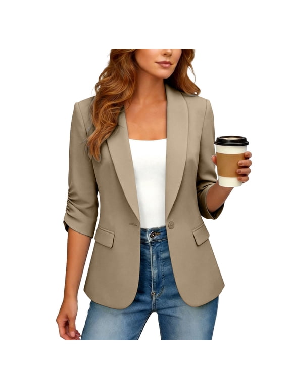 Women's 3/4 Sleeve Open Front Blazer with Flap Pockets, Lightweight Casual Work Jacket for Office and Daily Wear