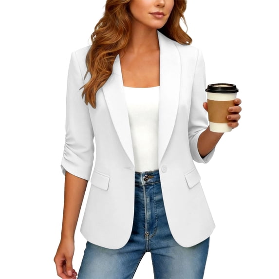 Caywon Women's 3/4 Sleeve Open Front Blazer with Flap Pockets, Lightweight Casual Work Jacket for Office and Daily Wear
