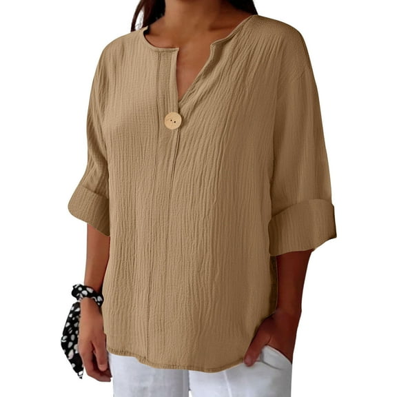 Caywon Women's 3/4 Sleeve V Neck Button Solid Color Top Versatile Blouse for Spring and Summer Wear Suitable Casual Outfit Basic Tees Khaki S