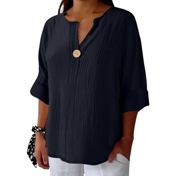 Caywon Women's 3/4 Sleeve V Neck Button Solid Color Top Versatile Blouse for Spring and Summer Wear Suitable Casual Outfit Basic Tees Navy S