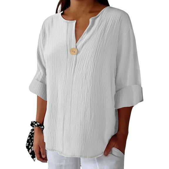 Caywon Women's 3/4 Sleeve V Neck Button Solid Color Top Versatile Blouse for Spring and Summer Wear Suitable Casual Outfit Basic Tees White S