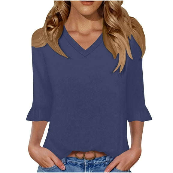 Caywon Women's 3/4 Sleeve V Neck Top Fashion Solid Color T Shirt Blouse Summer Casual Vacation Lightweight Top with Comfortable Fit Navy M