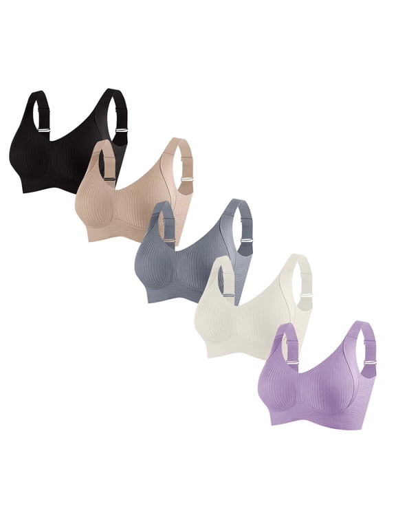 Women's 5-Pack Wireless Seamless Ribbed Bra with Wide Adjustable Straps, Pullover U-Neck styling, and Breathable Nylon Fabric for Daily ease
