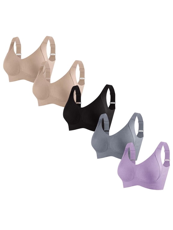 Women's 5-Pack Wireless Seamless Ribbed Bra with Wide Adjustable Straps, Pullover U-Neck styling, and Breathable Nylon Fabric for Daily ease