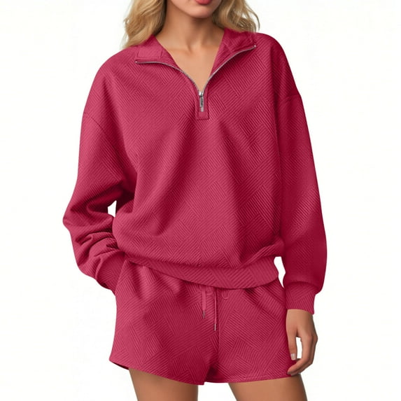 Caywon Women's Autumn Winter Long Sleeve Top with Shorts Set Fashion Half Zip Half Zip Design for Convenience for Casual Wear and Home