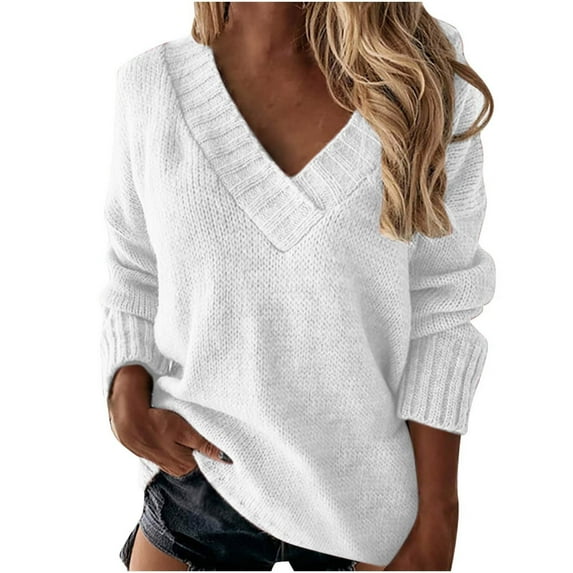 Caywon Women's Autumn Winter Pullover Long Sleeve V-Neck Loose Solid Color Pullover Thin Knit Sweater Top Lightweight Comfortable Loose Fit Classic V-Neck Design