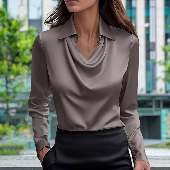 Caywon Women's Autumn Winter Solid Color Swing Collar Long Sleeve V Neck Satin Top Silky Smooth Fabric Elegant Stylish for Party Holiday Casual Wear