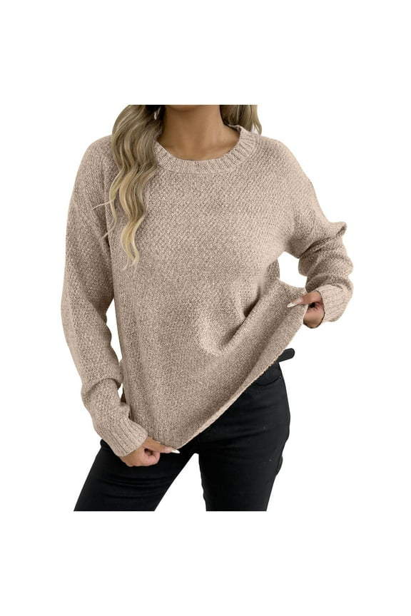 Women's Autumn Winter Sweater Solid Color Round Neck Pullover Long Sleeve Loose Curved Hem Sweater Top Loose Curved Hem Design