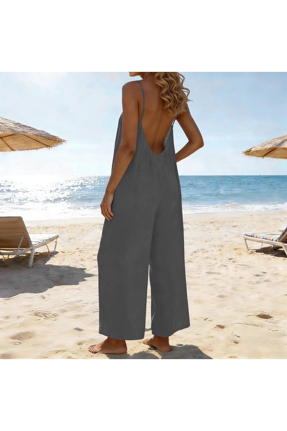 Women's Backless Wide Leg Jumpsuit, Adjustable Spaghetti Straps Loose Fit Romper with Side Pockets, Soft Stretch Polyester Blend for Beach Vacation and Casual Outings