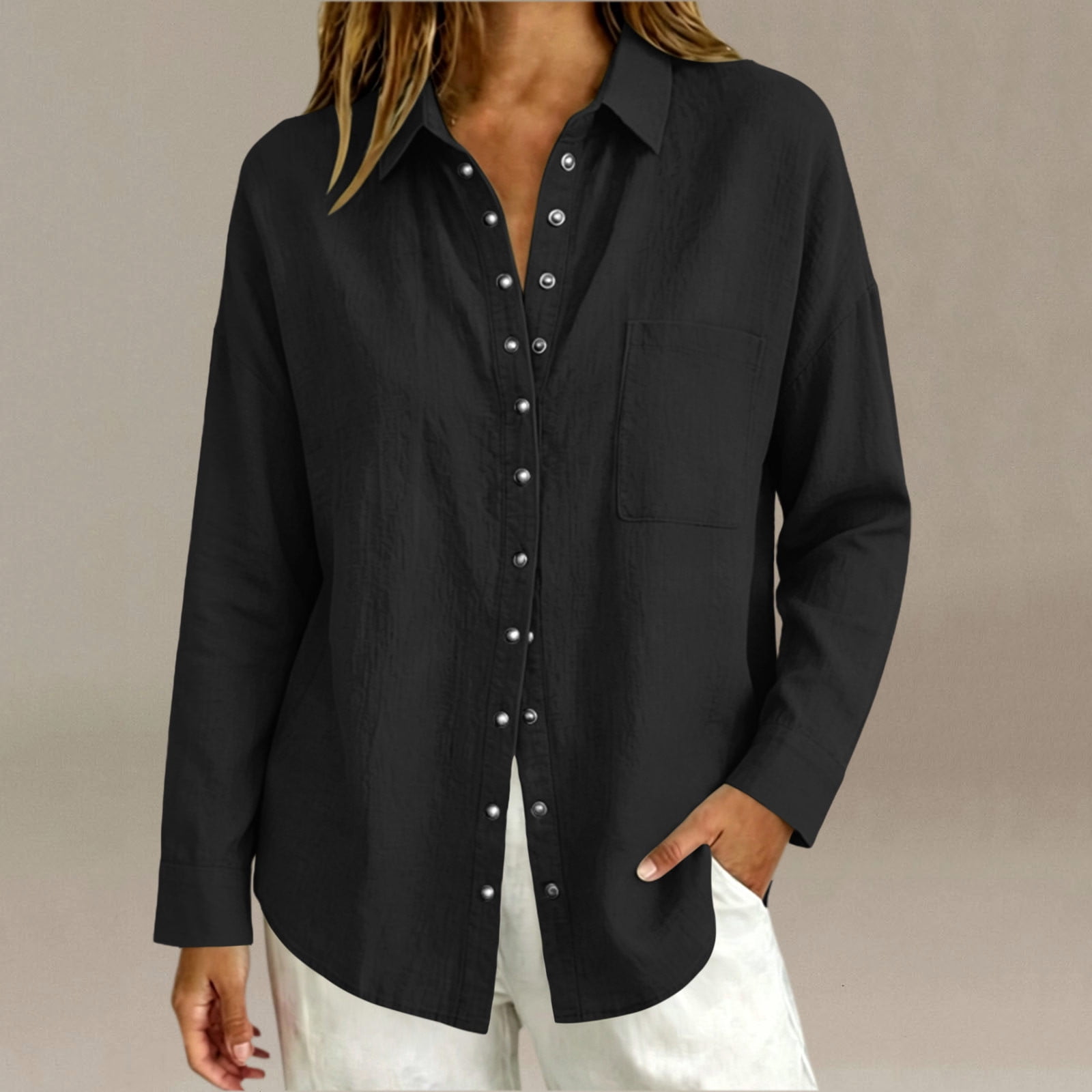 Caywon Women's Blouses & Tops, Button Down Lapel Collar Long Sleeve ...