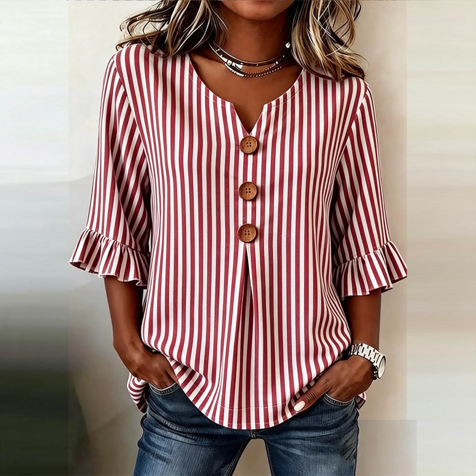 17 Sign Striped Caywon Women's Blouses & Tops, Striped V Neck 3/4 Sleeve Button Front ...