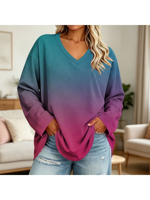 Women's Blouses & Tops, V Neck Long Sleeve with Ombre Print and Pockets, Loose Fit Casual Daily Wear for Plus Size Women