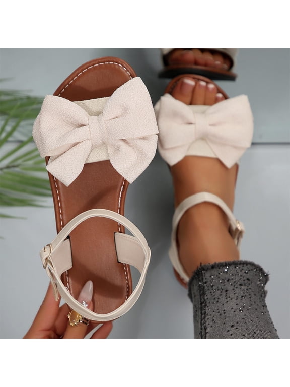 Women's Bow Flat Sandals Dressy Summer Beach Vacation Open Toe Ankle Strap Summer Vacation Slides Shoes Boho Ankle Strap Open Toe Slides Shoes