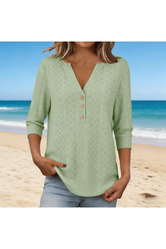 Women's Button-Front V-Neck Blouse with Pointelle Eyelet Texture and Curved Hem, 3/4 Sleeve Loose Cut Casual Summer Vacation Top for Everyday Outfit