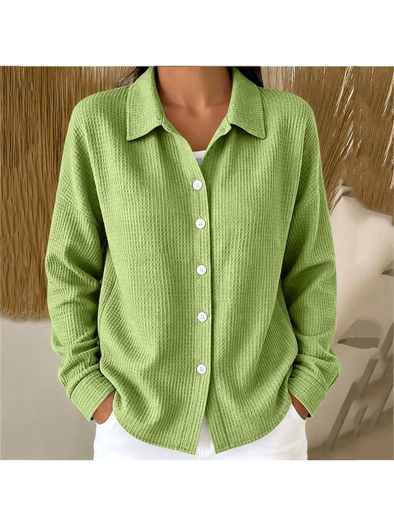 Women's Button-Up Shirts, Soft Long Sleeve Collared Button Front with Textured Fabric, Loose Fit Breathable Casual Work Daily Wear for Women