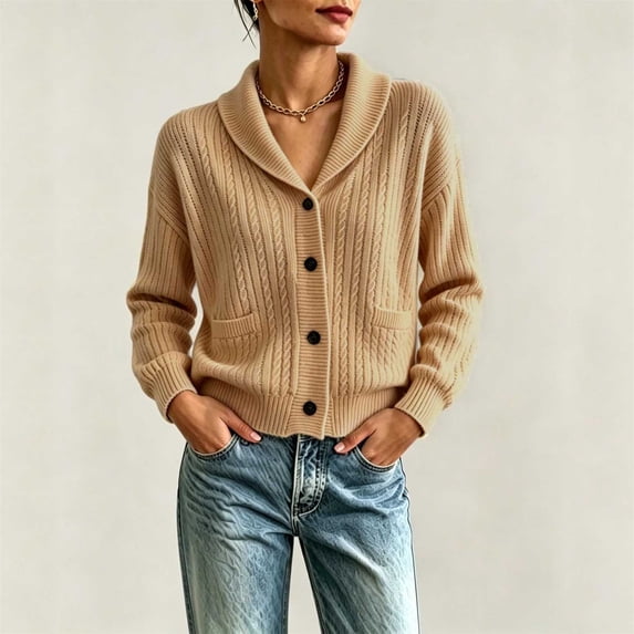 Coloufull Button Caywon Women's Cable Knit Cardigan Shawl Collar Button Down Long Sleeve ...