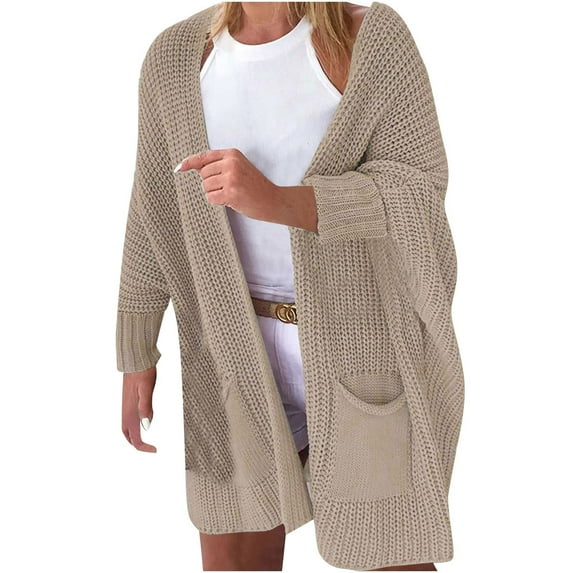 Caywon Women's Cardigan Sweater Mid-Length Knit Top Solid Color Plus Size with Pockets Coat Oversized Fit Spacious Pockets for Daily Wear