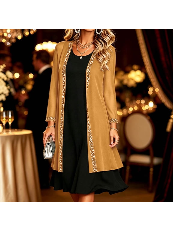 Women's Cardigans, Open Front Long Sleeve with Sequin Trim, Sheer Duster Lightweight, Elegant for Evening Party Fall Wedding Guest