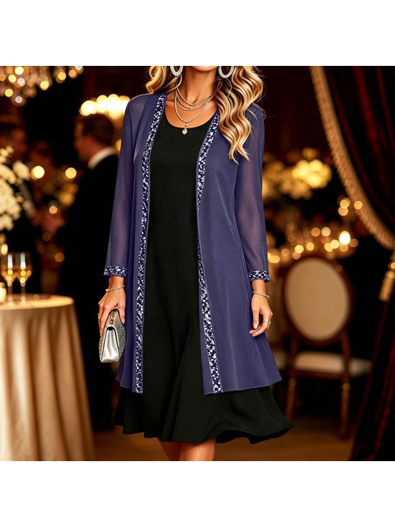 Women's Cardigans, Open Front Long Sleeve with Sequin Trim, Sheer Duster Lightweight, Elegant for Evening Party Fall Wedding Guest