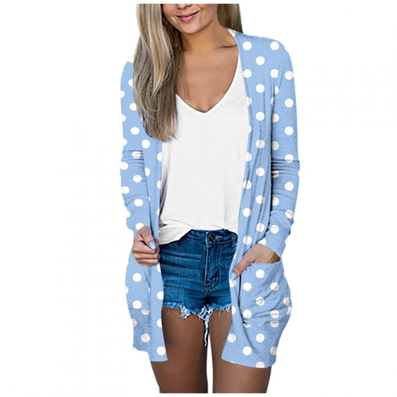 Caywon Women's Casual Fashion Loose Pocket Polka Dot Long Sleeve Top Cardigan Cute Polka Dot Design V-Neck Jackets Dressy Loose Coat Light Blue 2XL