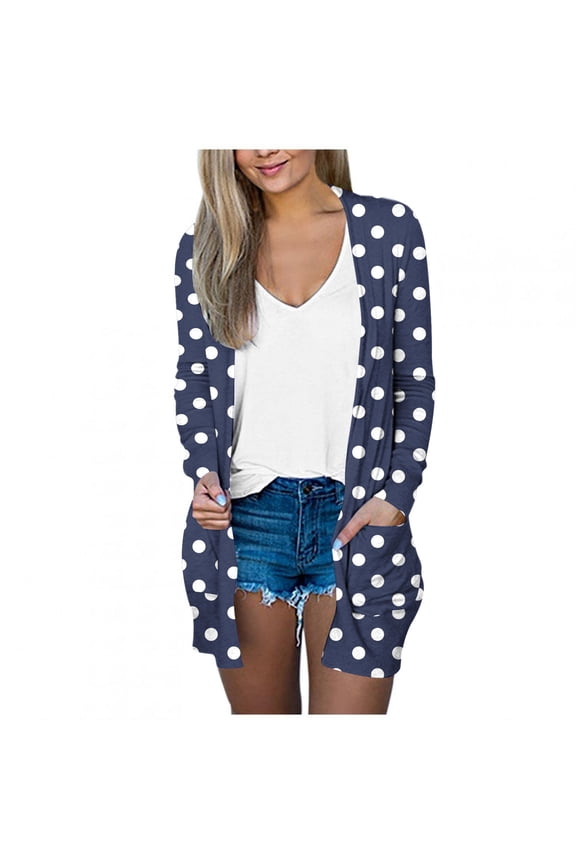 Women's Casual Fashion Loose Pocket Polka Dot Long Sleeve Top Cardigan Cute Polka Dot Design V-Neck Jackets Dressy Loose Coat Navy XL