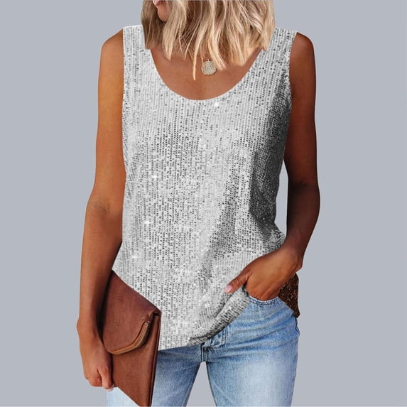 Caywon Women's Casual Fashion Sequin Embellished Crew Neck Sleeveless Tank Top Shiny Glittery Breathable Top for Party Date Daily Casual Outfit