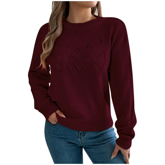 Caywon Women's Casual Loose Hollow Out Solid Color Round Neck Pullover Sweater Long Sleeve Top Warm Soft Knit for Autumn Winter Daily Wear Cozy Fit