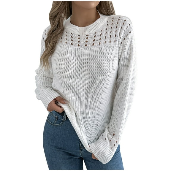 Caywon Women's Casual Loose Hollow Out Solid Color Round Neck Pullover Sweater Long Sleeve Top Warm Soft Knit for Autumn Winter Daily Wear Cozy Fit