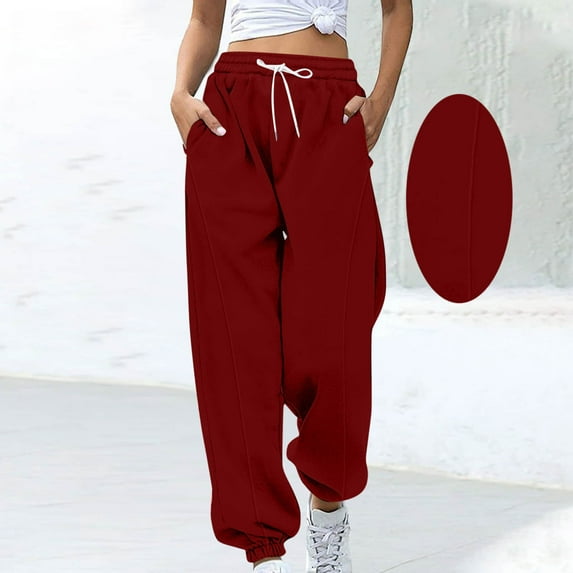 Caywon Women's Casual Solid Color Drawstring Elastic Waist Sweatpants Cuffed Legs with Side Pockets Full Length Pants Comfortable for Daily Wear