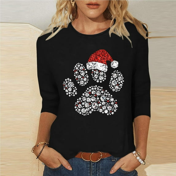 Caywon Women's Casual Top Christmas Crew Neck 3/4 Sleeve T-Shirt Loose Lightweight Comfortable for Autumn Winter Daily Wear and Holiday Occasions