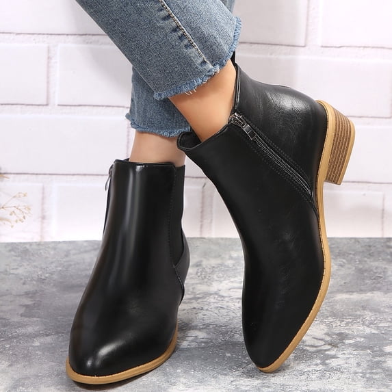 Caywon Women's Chelsea Boots Almond Toe Low Block Heel Elastic Side Panel Ankle Booties Slip On Fall Winter Casual Daily Shoes Botines Mujer