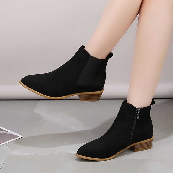 Caywon Women's Chelsea Boots Almond Toe Low Block Heel Elastic Side Panel Ankle Booties Slip On Fall Winter Casual Daily Shoes Botines Mujer