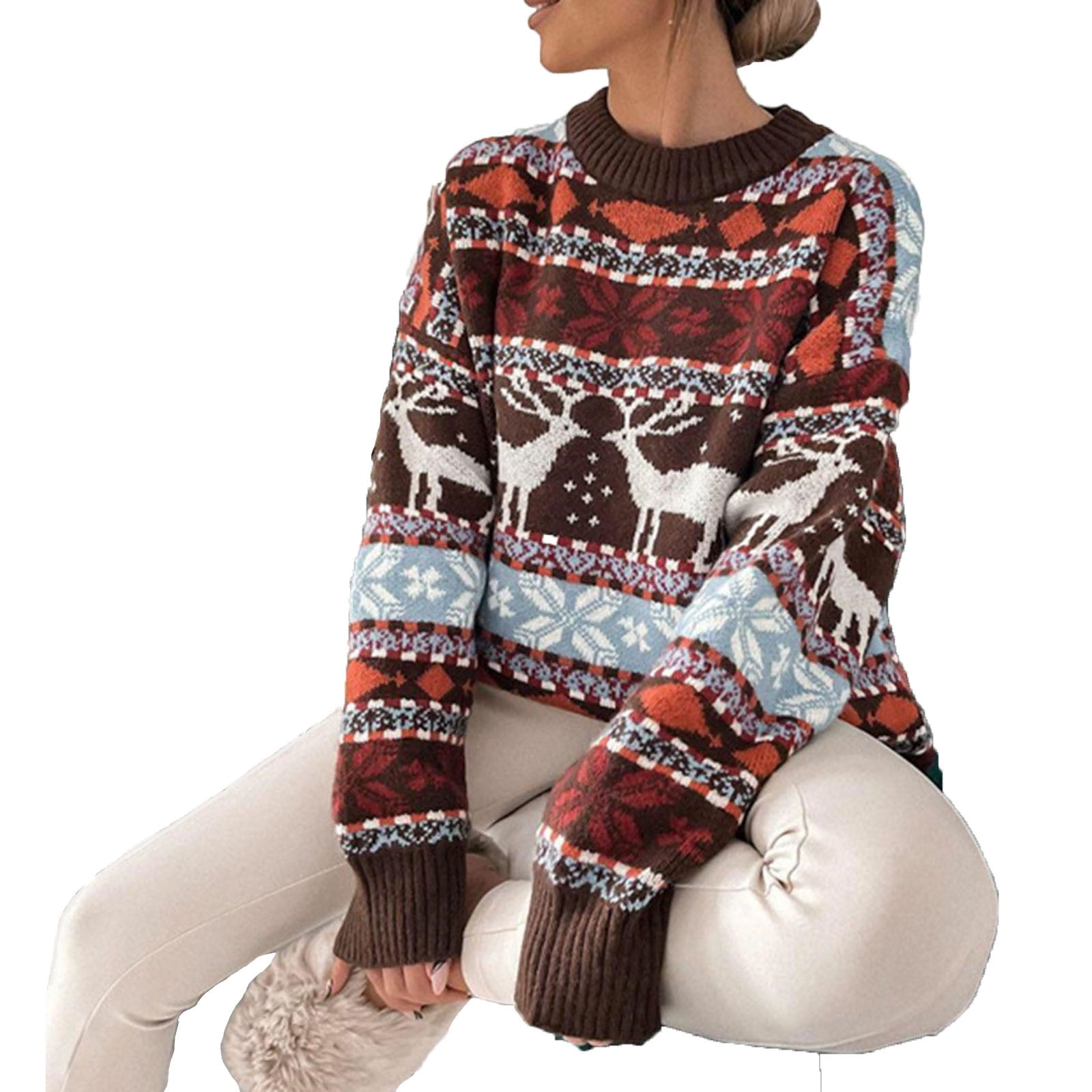 Christmas Pattern Knitted Crew Neck Long Sleeved Sweater