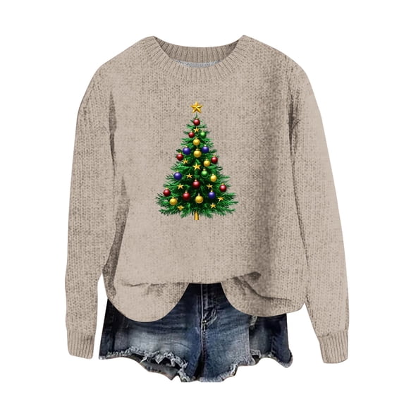 Caywon Women's Christmas Printed Sweater Round Neck Long Sleeve Knit Sweater Top Festive Christmas Patterns Classic Round Neck Design