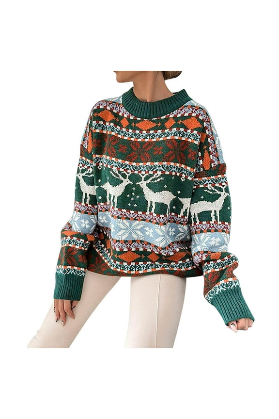 Women's Christmas Printed Sweater Round Neck Long Sleeve Knit Sweater Top Festive Christmas Patterns Classic Round Neck Design