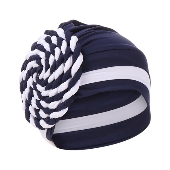 Caywon Women's India Hat Patchwork Braid Muslim Ruffletrendy Solid Color Ruffle All Packaged Spring Summer Wrap Cap(Navy,Free Size)