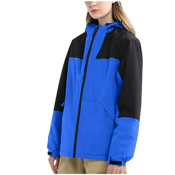 Caywon Women's Color Block Long-Sleeve Zippered Pocket Hooded Jacket Windproof Waterproof Fleece Lined Warm Outdoor Jacket Ideal for Cold Weather