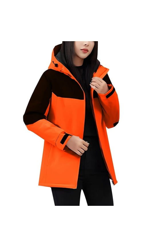 Women's Color Block Long-Sleeve Zippered Pocket Hooded Jacket Windproof Waterproof Fleece Lined Warm Outdoor Jacket Ideal for Cold Weather