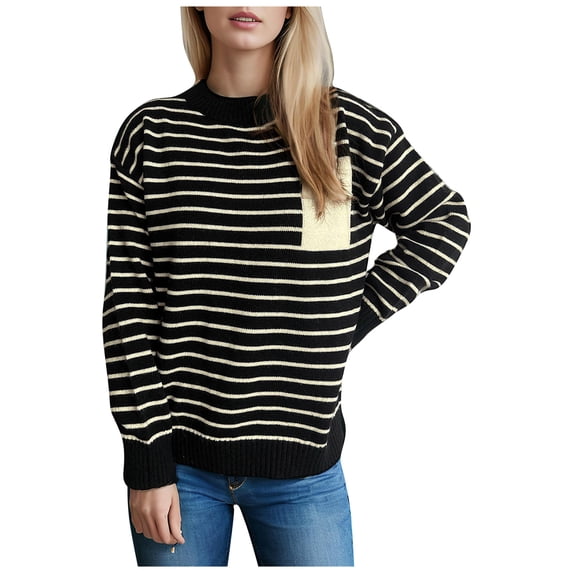 Caywon Women's Color-Block Sweater Striped Round Neck Long Sleeve Lantern Sleeve Pullover Sweater Top Trendy Lantern Sleeves Striped Pattern