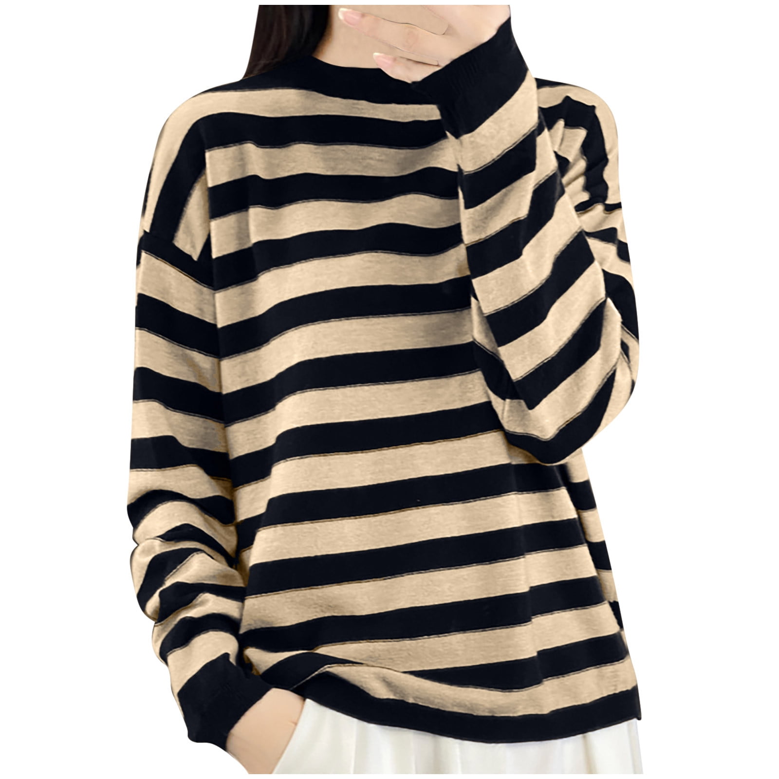 Women Autumn Stacked Collar Colorblock Stripe Sweater main image 0