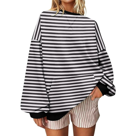 Caywon Women's Color-Block Sweater Striped Round Neck Long Sleeve Lantern Sleeve Pullover Sweater Top Trendy Lantern Sleeves Striped Pattern​